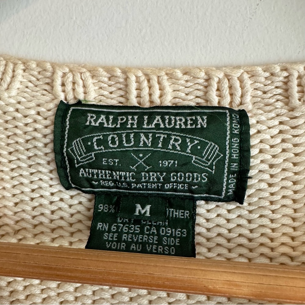 Vintage Ralph Lauren Polo Country cream American Flag knit crewneck sweater M - Picture 3 of 8